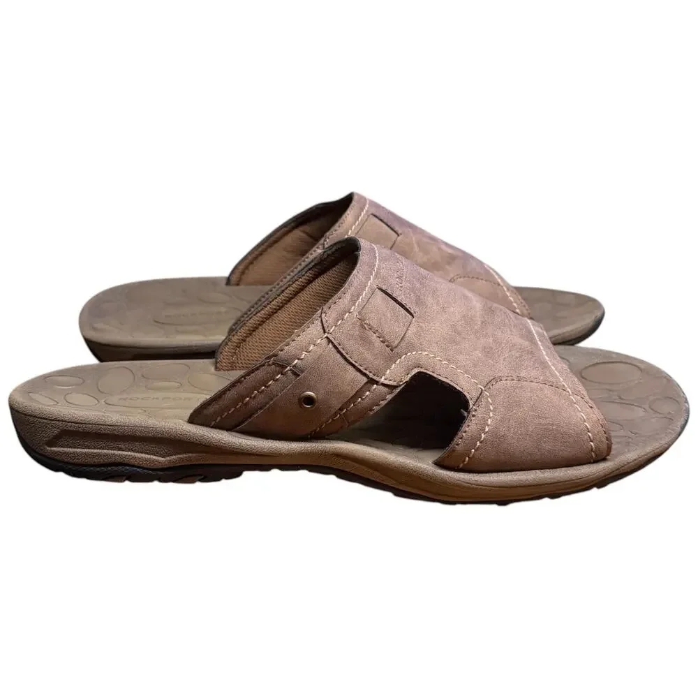 ROCKPORT Hayes Comfort Slides Men's 13 Brown Leather Sandals Casual